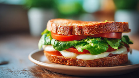 Fresh vegetarian sandwich with tomatoes, mozzarella, and lettuce on a plate.の素材