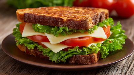 Delicious toasted sandwich with cheese, tomatoes, and lettuce on a plateの素材