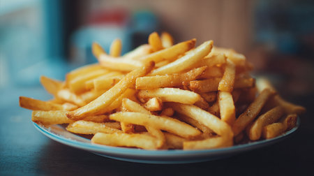 Delicious golden french fries piled high on a classic plateの素材