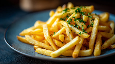 Golden French Fries Adorned with Parsley on a Dark Plateの素材
