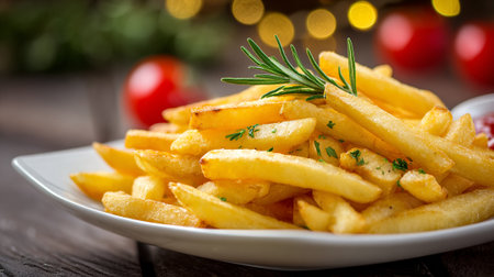 Delicious golden fries presented on a white plate with fresh rosemary.の素材