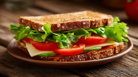 Delicious toasted sandwich with fresh vegetables and cheese on rustic table.の素材