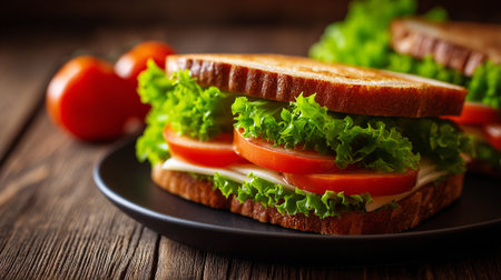 Delicious toasted sandwich with fresh ingredients served on rustic wooden tableの素材