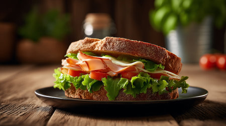 Delectable Turkey Sandwich: Fresh Ingredients Stacked High on Rustic Wooden Tableの素材