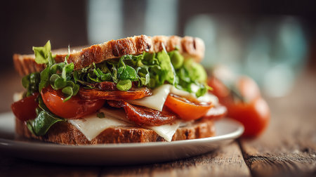 Delicious Sandwich with Fresh Ingredients Displayed on Rustic Wooden Table Surfaceの素材