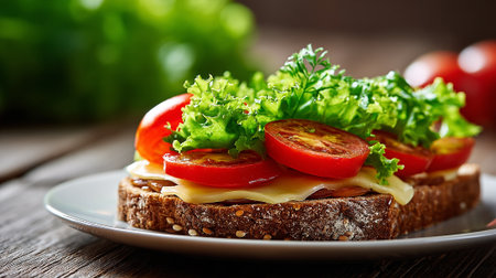 Delicious sandwich with fresh tomatoes, cheese and lettuce on rustic wood table.の素材
