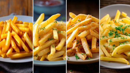 Golden French Fries Trio: A Culinary Exploration of Potato Perfection on Platesの素材