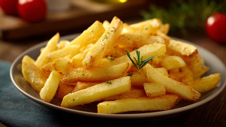 Appetizing pile of golden French fries served with ketchup and tomatoes.の素材