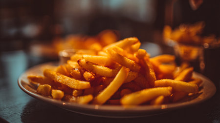 Golden French Fries Delight Served on a Teal Plate with Garnishの素材