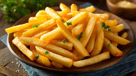 Delicious golden French fries plated on rustic wooden dish, ready to serveの素材