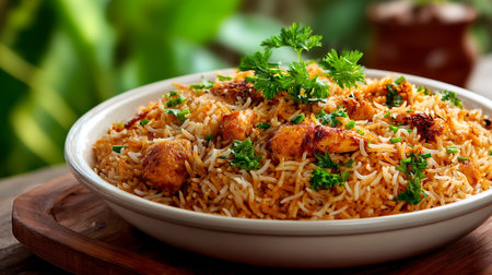 Exquisite Plate of Chicken Biryani Dish Served on a Wooden Trayの素材