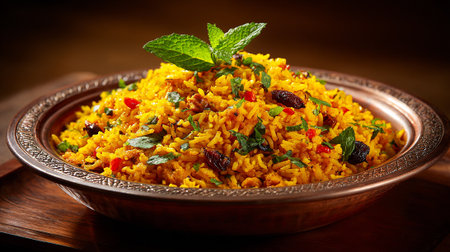 Delicious Indian Biryani Rice Dish with Raisins and Mint Garnishesの素材