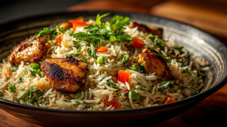 Delicious chicken fried rice dish with vibrant vegetables and fresh herbsの素材