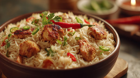 Aromatic chicken biryani presented in a bowl with vibrant chili peppers.の素材