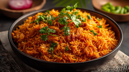 Flavorful chicken biryani dish with aromatic spices served in black bowlの素材