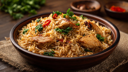 Delicious chicken biryani served in a traditional bowl, garnished with herbs.の素材