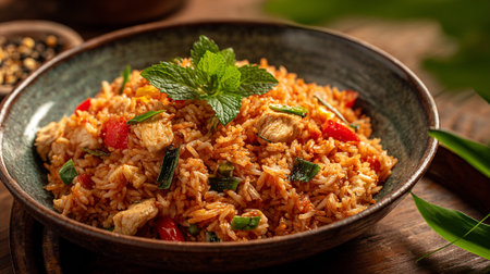 Delicious chicken fried rice served in rustic bowl, a savory delightの素材