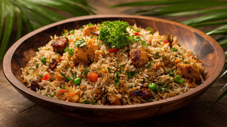 Delicious chicken fried rice with vegetables served in a wooden bowlの素材