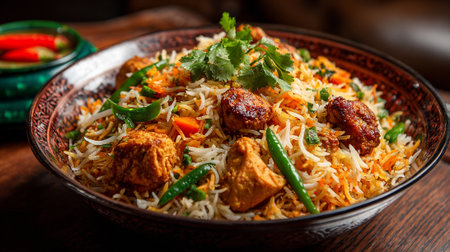 Delicious Chicken Biryani Garnished with Fresh Cilantro and Green Chilliesの素材