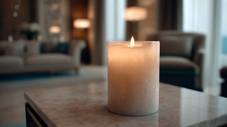Warm Ambience: Lit Candle on Marble Table Enhancing a Luxurious Living Spaceの素材