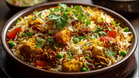 Flavorful chicken biryani, fragrant basmati rice, herbs, and spices in a bowl.の素材