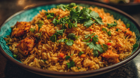 Delicious chicken fried rice served in a teal bowl looks very appealing.の素材