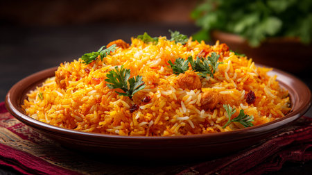 Delicious Chicken Biryani with Fresh Parsley Garnishes in a Brown Bowlの素材