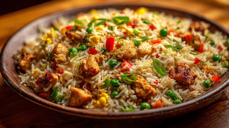 Delicious Chicken Fried Rice Served on a Rustic Wooden Platterの素材