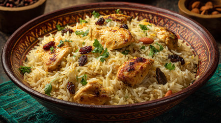 Afghan Chicken Rice Dish with Almonds and Raisins Ready to Serveの素材