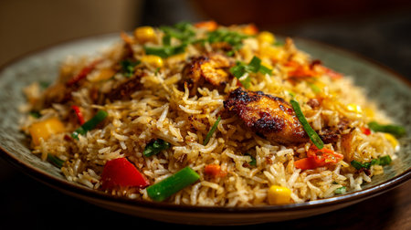 Delicious chicken fried rice presentation on rustic gray plate, ready to eat.の素材