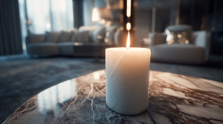 Serene candle glow illuminates a luxurious interior setting, promoting calmnessの素材