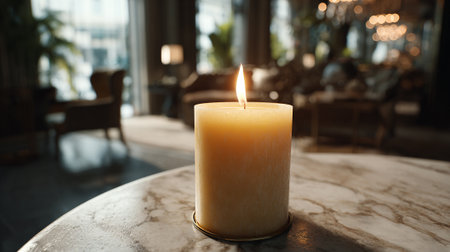 Warmth and Serenity: Lit Candle in a Stylish, Contemporary Interiorの素材
