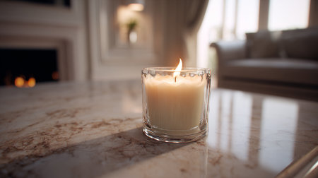 Serene Candlelight: Elegant Candle on a Marble Table in a Luxurious Interiorの素材
