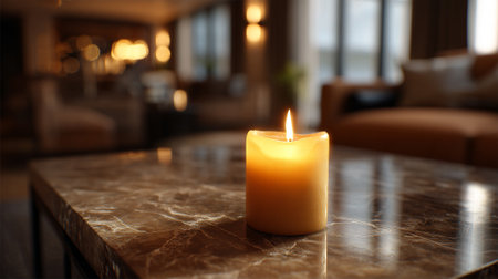 Serene ambiance created by the warm glow of a candle in a living roomの素材
