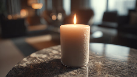Elegant illuminated candle on a marble table creating a serene ambianceの素材