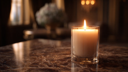 Elegant Lit Candle on Marble Tabletop in Warm, Serene Ambienceの素材