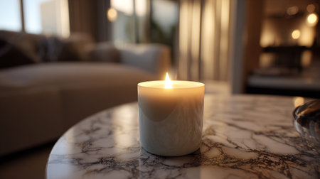Cozy ambiance captured with a lit candle on a marble table.の素材