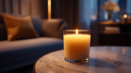 Lit candle on a marble table radiating warmth and inviting ambiance indoors.の素材