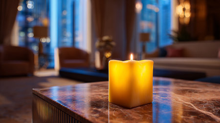 Golden Candlelight Glow in Luxury Apartment at Dusk Illuminating Peaceful Interiorの素材