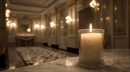 Elegant lit candle sits on a marble surface in a grand hallの素材