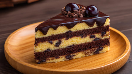 Luscious Chocolate Cake Slice with Cherries and Drizzled Ganache on Wooden Plateの素材
