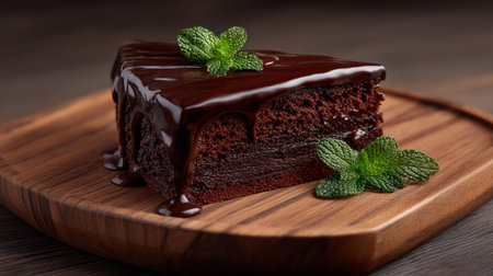 Delectable chocolate cake slice adorned with ganache and fresh mint sprigs.の素材