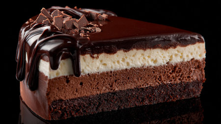 Decadent Chocolate Cake Slice with Rich Layers and Shiny Dark Chocolate Glazeの素材