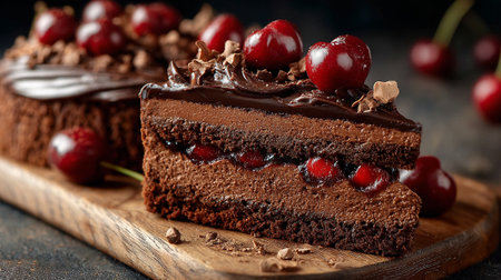 Decadent Chocolate Cherry Cake Slice with Rich Layers and Ganacheの素材
