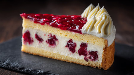 Tempting raspberry cheesecake slice with creamy topping and a bright jelly glaze.の素材