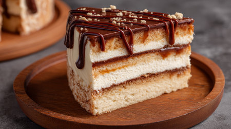 Delicious chocolate layered cake slice adorned with nuts on a wooden plateの素材