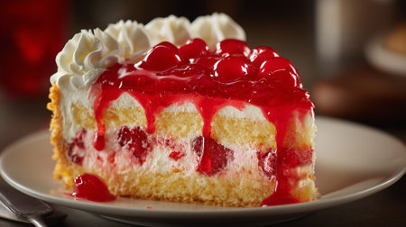 Delectable Cherry Cake Slice with Whipped Cream and Red Glaze Detailの素材