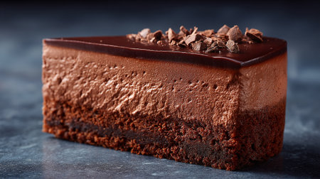 Decadent Chocolate Cake Slice with Fudge Topping and Chocolate Piecesの素材