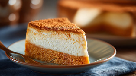 Slice of delicious layered cake dessert with cocoa powder topping and plateの素材