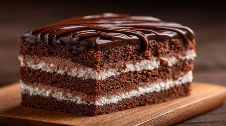 Delicious chocolate cake slice with frosting on wooden board backgroundの素材
